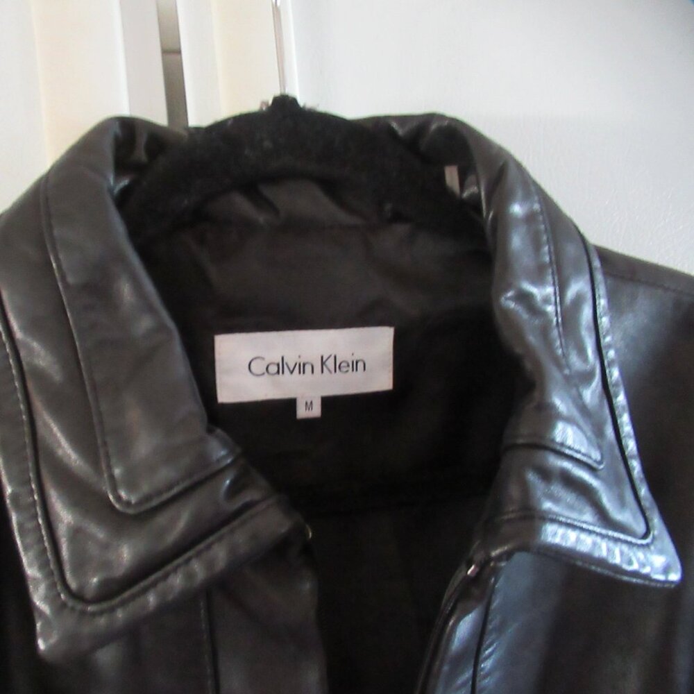 Calvin Klein Womens Black Leather zip Jacket Size Medium m lined - Picture 2 of 5